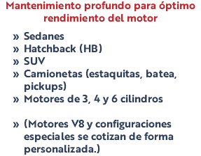 Mantenimiento profundo para óptimo rendimiento del motor Sedanes Hatchback (HB) SUV Camionetas (estaquitas, batea, pickups) Motores de 3, 4 y 6 cilindros (Motores V8 y configuraciones especiales se cotizan de forma personalizada.)